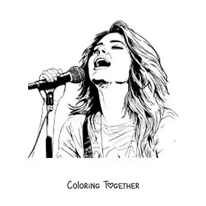 Coloring page of cartoon Selena Gomez singing with a microphone