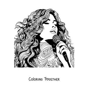 Coloring page of a portrait of Selena Gomez singing