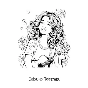 Coloring page of cartoon Selena Gomez with a guitar and flowers