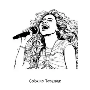 Coloring page of Shakira singing with a microphone in a realistic style