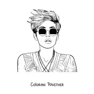 Coloring page of cartoon Miley Cyrus with sunglasses and short hair