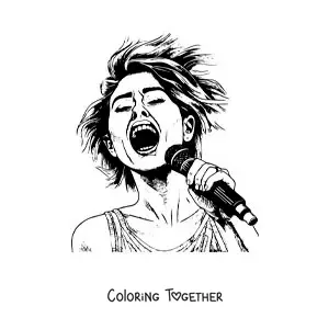 Coloring page of Miley Cyrus singing in a realistic style