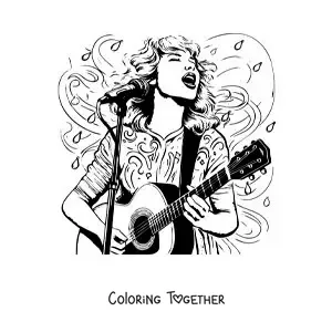 Coloring page of cartoon Taylor Swift singing with a guitar