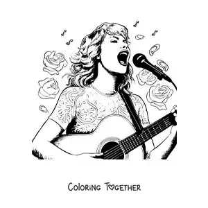 Coloring page of cartoon Taylor Swift singing with a guitar