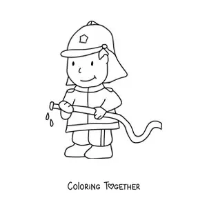 Coloring page of a smiling cartoon firefighter
