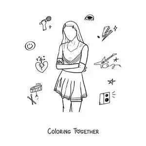 Coloring page of a faceless silhouette of Olivia Rodrigo on her album Sour