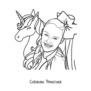 Coloring page of Jojo Siwa with a unicorn