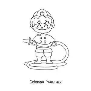 Coloring page of a firefighter boy with a hose