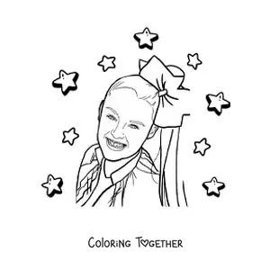 Coloring page of a portrait of Jojo Siwa with stars
