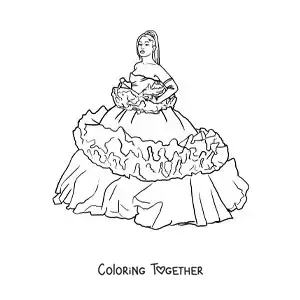 Coloring page of cartoon Ariana Grande in a beautiful dress