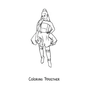 Coloring page of cartoon Ariana Grande with a dress and boots