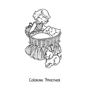 Coloring page of a girl and a dog next to a baby in a crib
