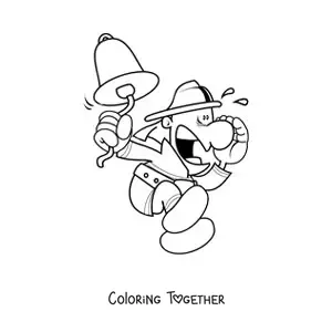 Coloring page of a cartoon firefighter on alert