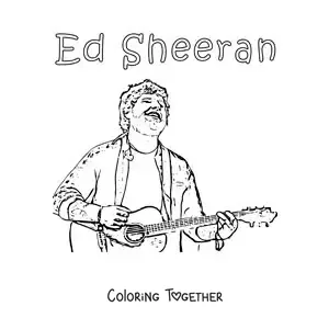 Coloring page of a pencil drawing of cartoon Ed Sheeran singing with a guitar