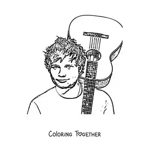 Coloring page of a pencil portrait of Ed Sheeran with a guitar