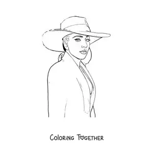 Coloring page of a portrait of cartoon Lady Gaga with a hat