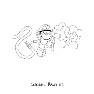 Coloring page of a cartoon firefighter at a fire