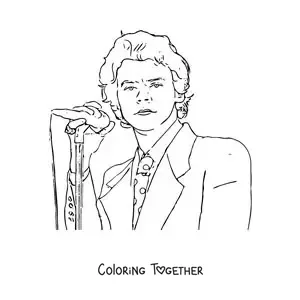 Coloring page of a portrait of Harry Styles singing with a microphone in a realistic style
