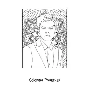 Coloring page of a mandala with a portrait of Harry Styles
