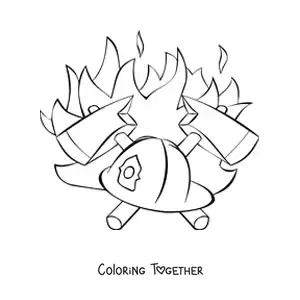 Coloring page of a firefighter helmet with two crossed axes