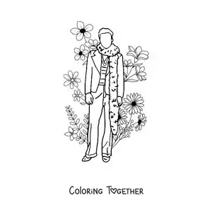 Coloring page of a silhouette of Harry Styles with flowers