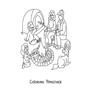 Coloring page of a cartoon family at a campsite