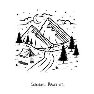 Coloring page of a tent by the river and the mountains