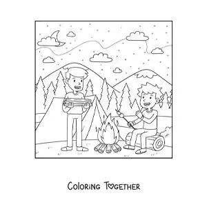 Coloring page of two children roasting marshmallows by the campfire at a campsite