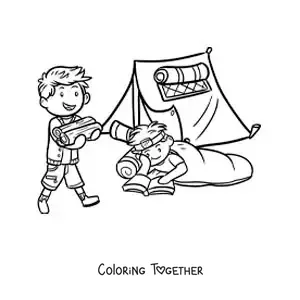 Coloring page of two children reading by the campfire at a summer camp