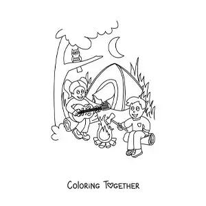 Coloring page of two cartoon children singing at a summer camp