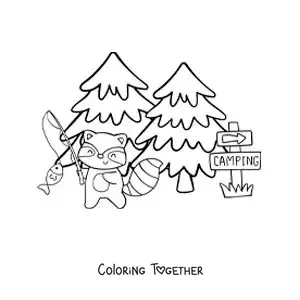 Coloring page of a cartoon raccoon fishing at a camp in the forest