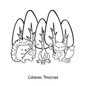 Coloring page of kawaii animals around a campfire in the forest