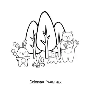 Coloring page of cartoon animals around a campfire in the forest