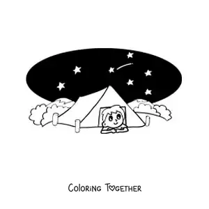 Coloring page of a cartoon boy camping at night