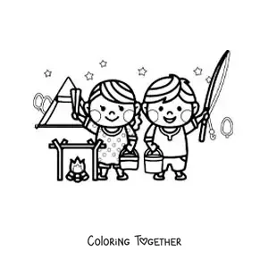 Coloring page of a kawaii couple at a campsite