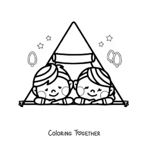 Coloring page of a kawaii couple in a tent