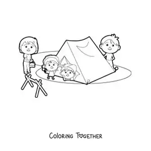 Coloring page of a kawaii family at a campsite