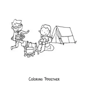 Coloring page of a cartoon couple at a campsite