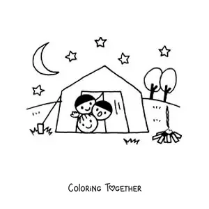 Coloring page of children in the tent at a campsite
