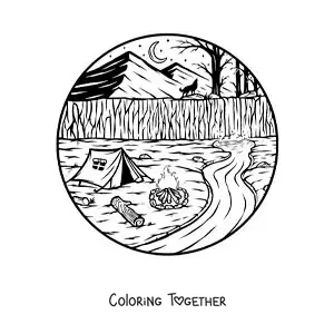 Coloring page of a campsite by the river