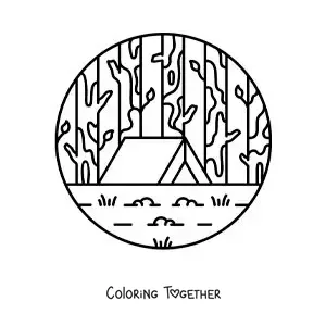 Coloring page of a tent in the forest
