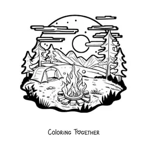 Coloring page of a tent in the forest next to a campfire