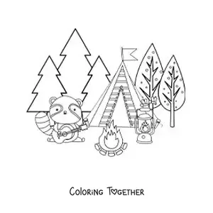 Coloring page of a cartoon raccoon camping in the forest