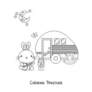 Coloring page of a cartoon rabbit camping in a motorhome