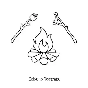 Coloring page of a campfire with marshmallows and sausages