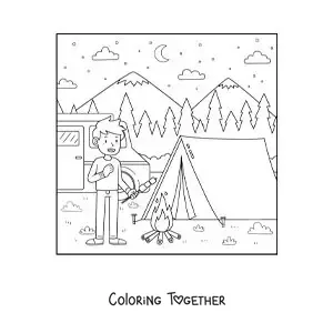 Coloring page of a boy camping eating marshmallows by a campfire