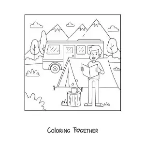 Coloring page of a cartoon boy reading a map at a campsite