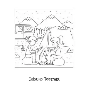 Coloring page of a girl and a boy by a campfire at a campsite