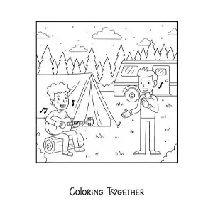 Coloring page of two children singing with a guitar at a campsite