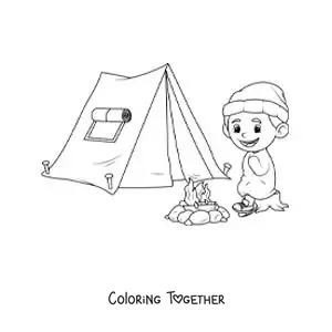 Coloring page of a cold boy at a campsite